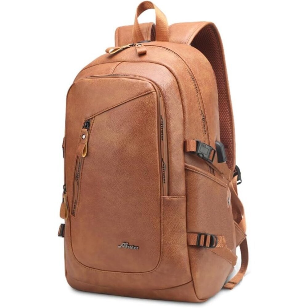 ✨DYJ Men Brown Vegan Leather Laptop Backpack Travel Daypacks with Port Laptop